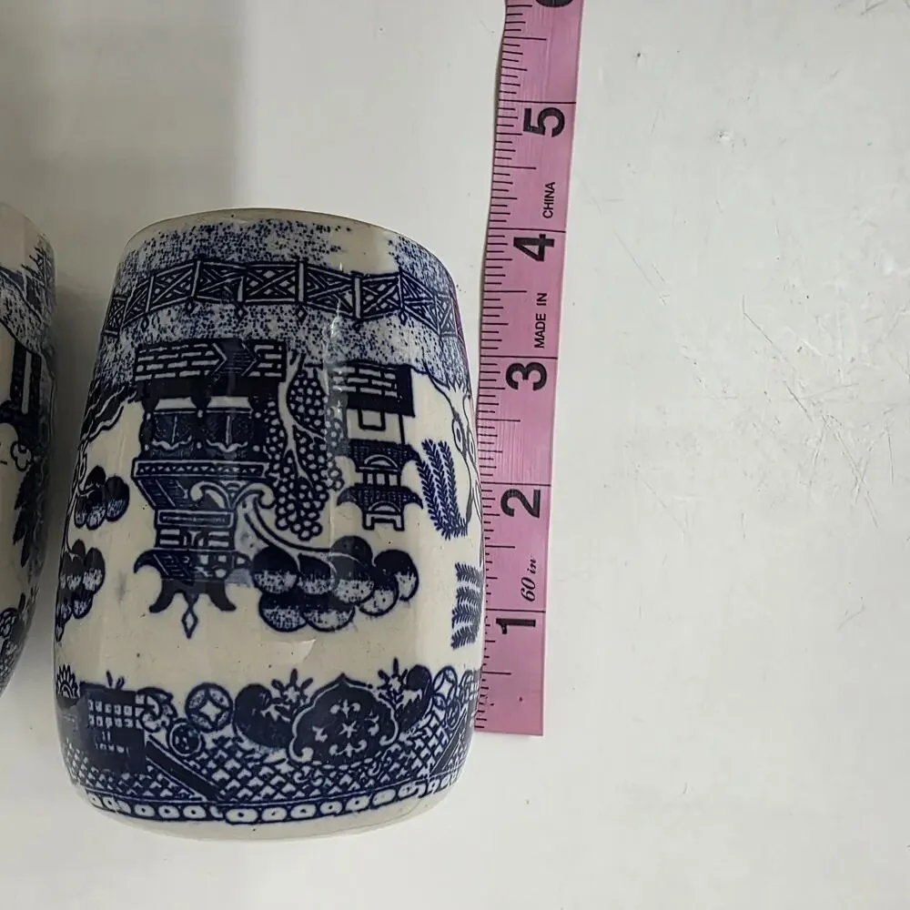 Vintage Blue Willow Salt and Pepper Shaker Set Odd Barrel Shape, Japan